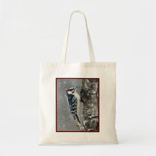 Bolsa Tote Downy Woodpecker em Neve - Foto Original