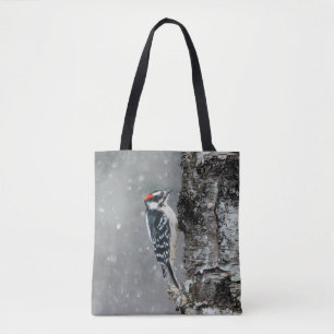 Bolsa Tote Downy Woodpecker em Neve - Foto Original