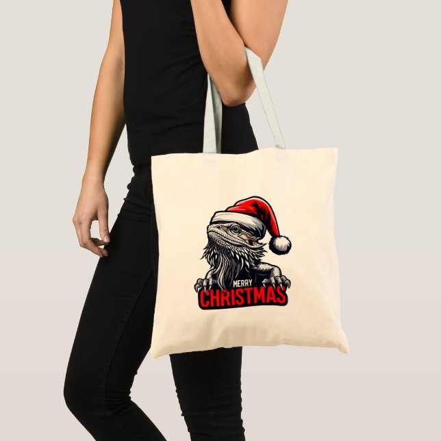 Bolsa Tote Dragão Barbudo Xmas, Papais noeis Felizes de Natal (Frente (produto))