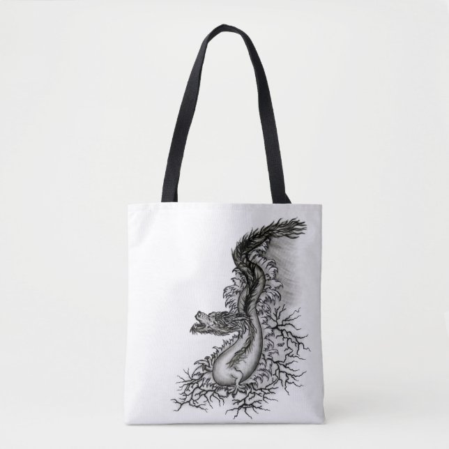 Bolsa Tote Dragão chinês, Design preto e branco em tatuostilo (Frente)
