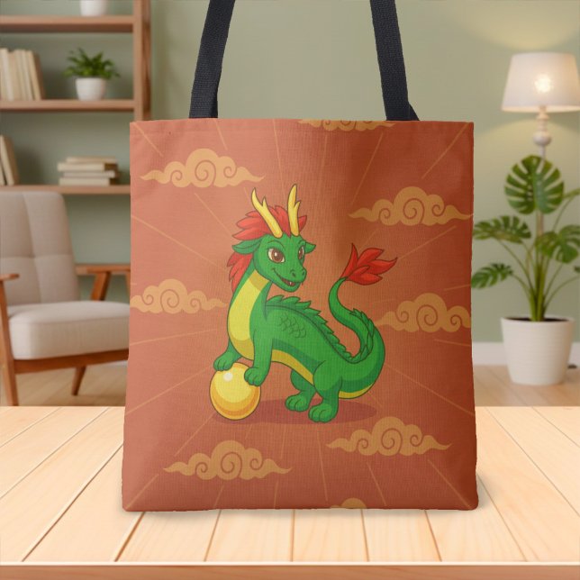 Bolsa Tote Dragão Chinês Verde sobre Vermelho (Criador carregado)