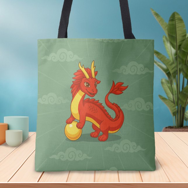 Bolsa Tote Dragão Chinês Vermelho sobre Verde (Criador carregado)