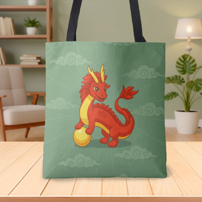 Bolsa Tote Dragão Chinês Vermelho sobre Verde (Criador carregado)