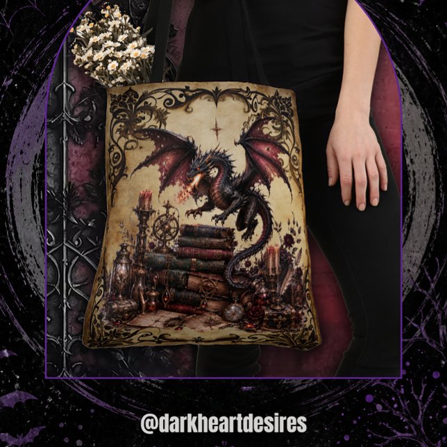Bolsa Tote Dragão com Pilha de Livros (Criador carregado)