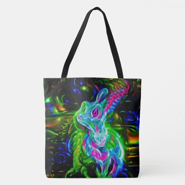 Bolsa Tote Dragão do Coelho Psicodélico em Neon Fantasy (Frente)