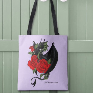 Bolsa Tote Dragão Preto Místico Rosas Vermelhas Lavanda Gótic