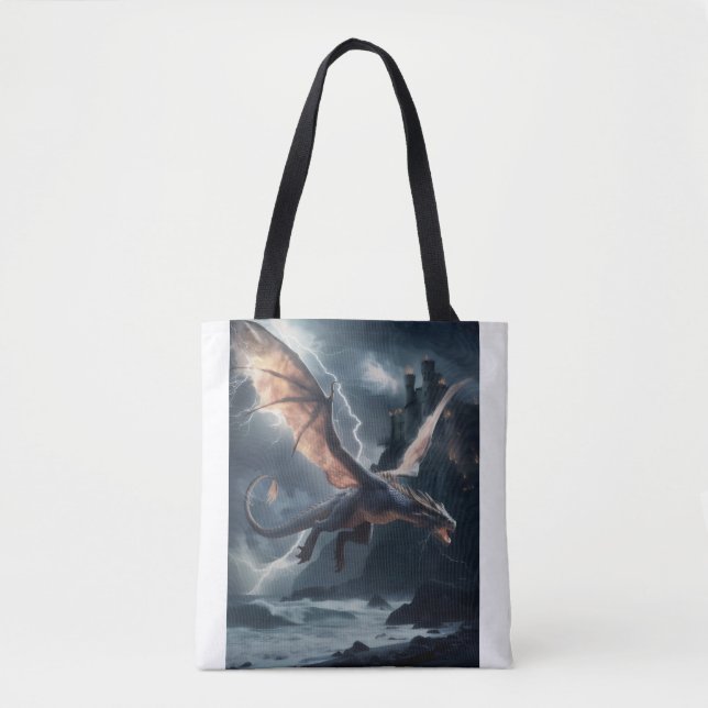 Bolsa Tote Dragão sobre o castelo. (Frente)