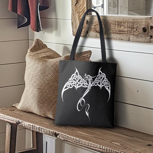 Bolsa Tote Dragão Tribal Celta com Entrelaçamento Preto Branc (Criador carregado)