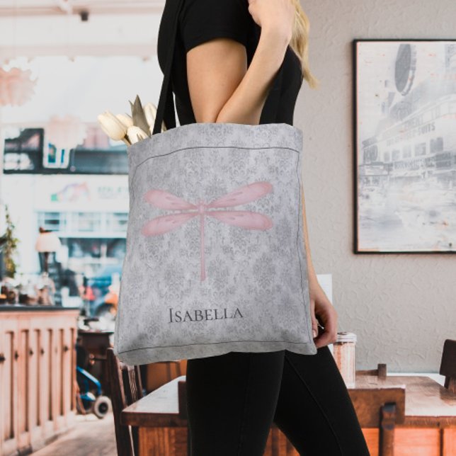 Bolsa Tote Dragonfly Damask Rosa (Pink Dragonfly Damask Tote Bag)