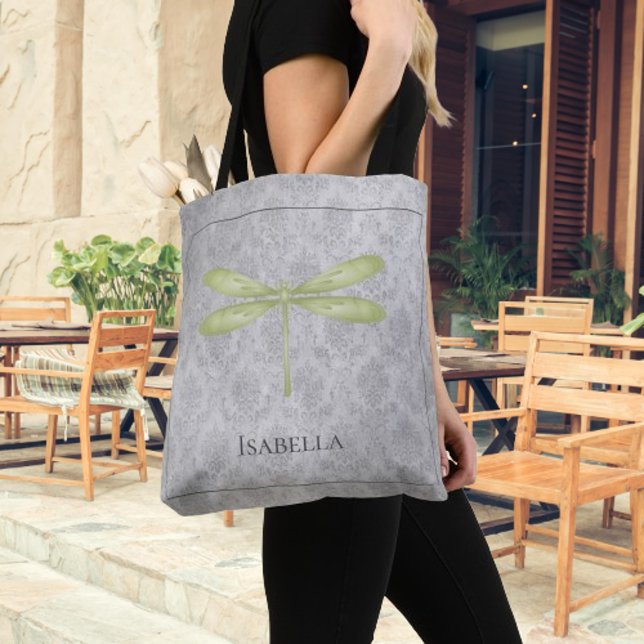Bolsa Tote Dragonfly Damask Verde (Green Dragonfly Damask Tote Bag)