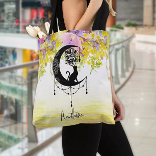 Bolsa Tote Dreamcatcher com gato Siga os seus sonhos
