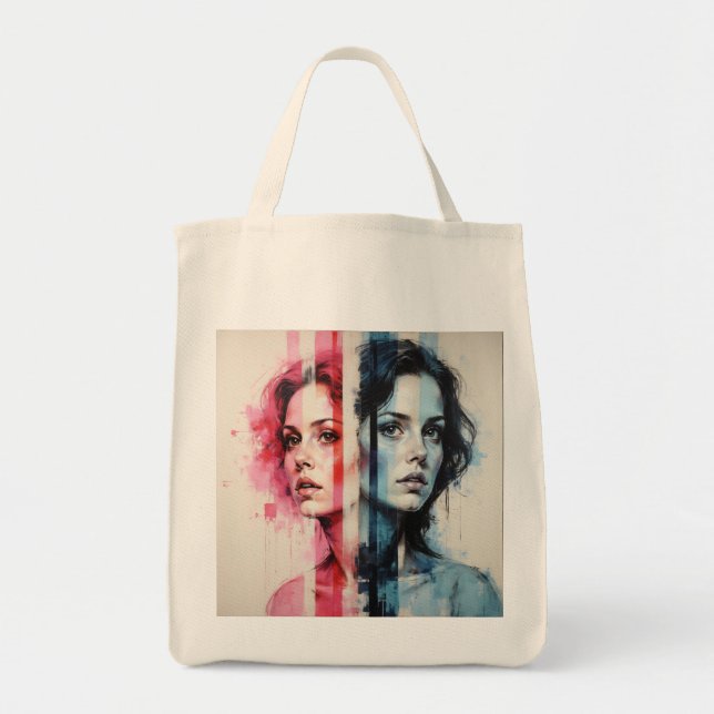 Bolsa Tote Dualidade Vermelha e Azul - Retratos gêmeos na Rua (Frente)