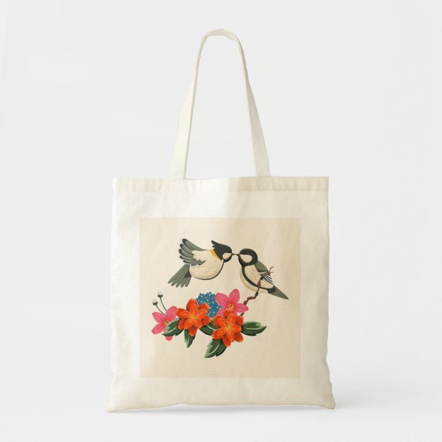Bolsa Tote Duas Aves e Flores - Saco de Tote Inspirado na Nat (Frente)