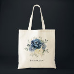 Bolsa Tote Dusty Blue Marinho Champanhe Ivory Floral Casament<br><div class="desc">Bridesmod de casamento floral azul empoeirado, presente de moto com buquê elegante de azul marinho, azul real, branco, ouro, marfim de champanhe, rosa de cor esbranquiçada, botões de flores ranunculus e folhas de eucalipto verde-sábio e buquê de cor d'água elegante. Entre em contato comigo para obter ajuda sobre a personalização...</div>