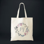 Bolsa Tote Dusty Blue Mauve Floral Wreath Monograma<br><div class="desc">Azul empoeirado,  cinza e coroa aquosa,  coroa floral,  saco monograma personalizado.</div>