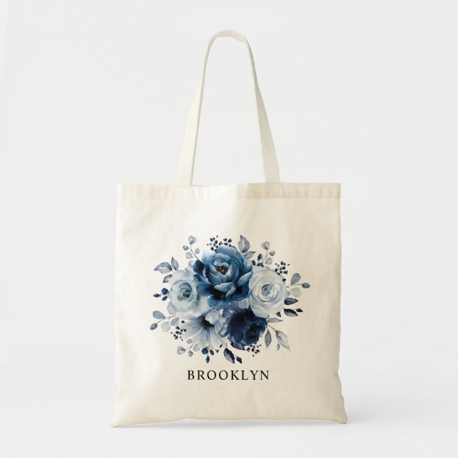Bolsa Tote Dusty Blue Slate Marinho Floral Bridesmaid Gift (Frente)