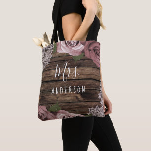 Bolsa Tote Dusty Rosa Mauve Rosas Floral Lace Madeira Russo