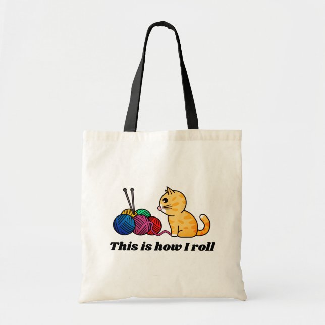 Bolsa Tote É assim que eu enrolo: gatinho fofo e bolas de fio (Frente)