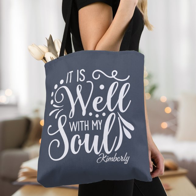 Bolsa Tote É Bem Com A Minha Alma Inspiração Personalizada (It Is Well With My Soul Custom Christian Tote Bag - Personalize with your name or custom text)