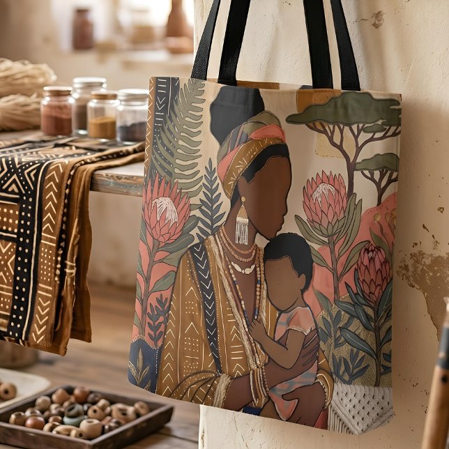 Bolsa Tote Earthy Heritage | Protea & Mudcloth (Zoom Detail)