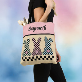Bolsa Tote Easter Bunny Checkerboard Pink Green Yellow Name