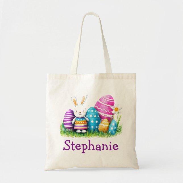 Bolsa Tote Easter Kids Name Girls Bunny Rabbit (Frente)