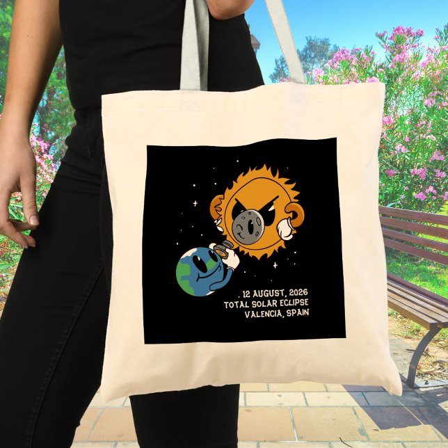 Bolsa Tote Eclipse Total do Sol 2026 Espanha Fotobomba (Change city/location to personalize.  All text editable.  Matching items available)