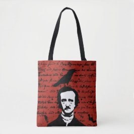 Bolsa Tote Edgar Allan Poe com o corvo preto no vermelho