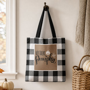 Bolsa Tote Ei Lá Abóbora Xadrez de Búfalo em Lona Halloween