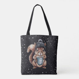 Bolsa Tote Eichhörnchen mit Tasse und Schnee „Stay Warm“