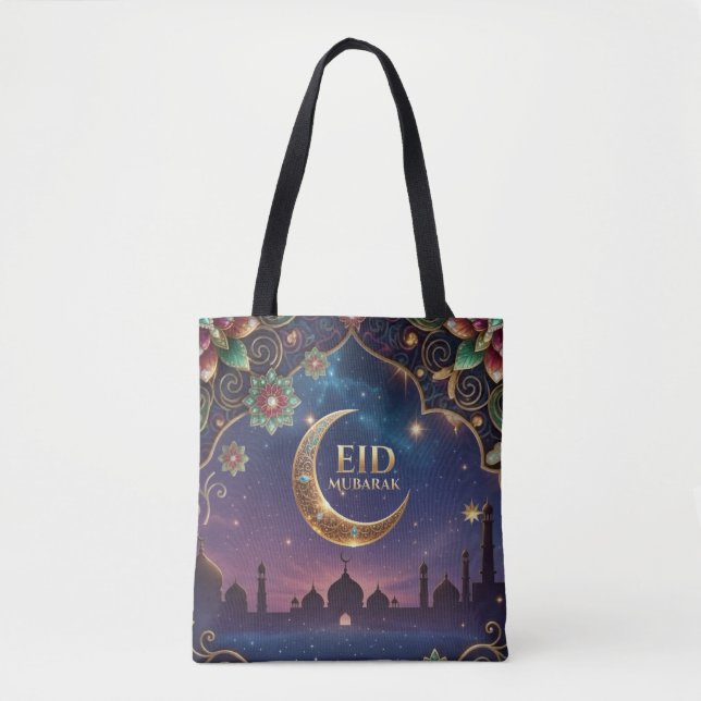 Bolsa Tote Eid al fitr Islamic celebration Gold And navy (Frente)