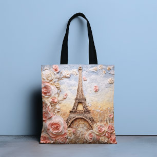 Bolsa Tote Eiffel Tower Paris França Floral Rosa Francês