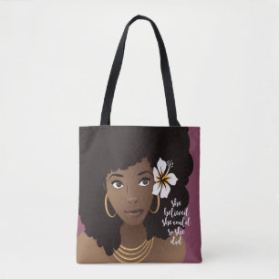 Bolsa Tote Ela Acreditava Que Podia, Mulher Negra, Flor Roxo