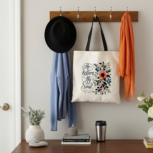 Bolsa Tote Ele restaura minha alma floral (Criador carregado)