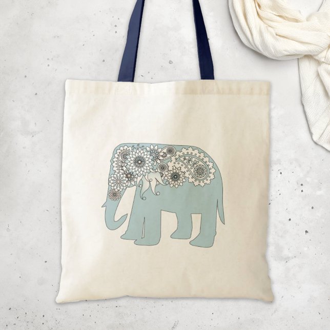 Bolsa Tote Elefante Azul Paisley Boho Chic (Criador carregado)