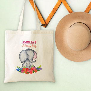 Bolsa Tote Elefante Bebê em Flores Coloridas Biblioteca Infan