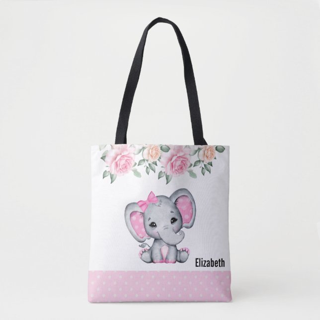 Bolsa Tote Elefante-bebê rosa-branca e borda-Rosa (Frente)