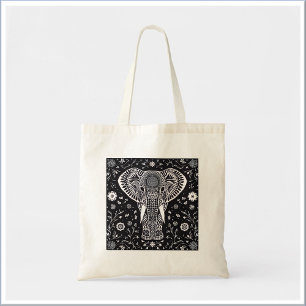 Bolsa Tote Elefante Boho Preto e Branco em Batik