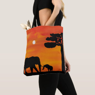 Bolsa Tote elefante, céu, animais, nascer do sol, natureza, á