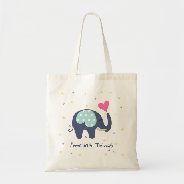 Bolsa Tote Elefante-Cinza-branca e Coração-Rosa Personalizado (Frente)