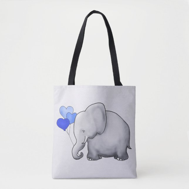 Bolsa Tote Elefante cinzento lindo do bebê com balões azuis (Frente)