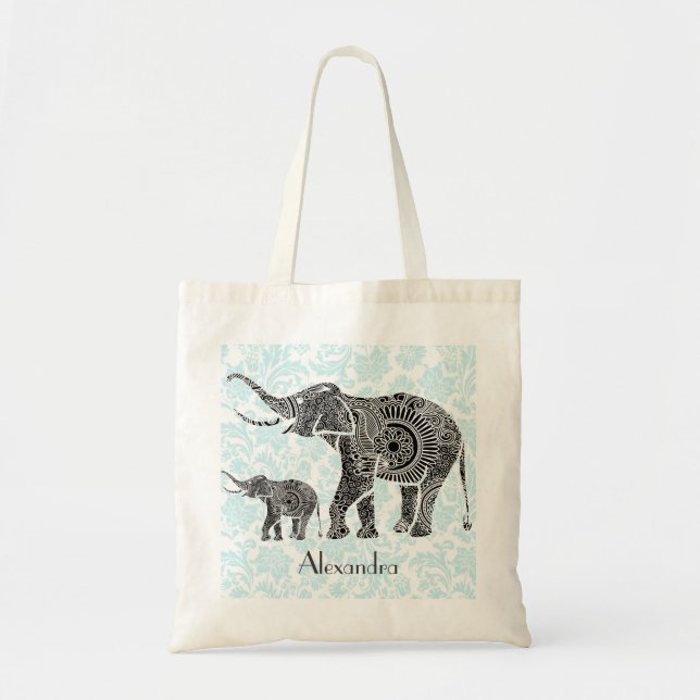 Bolsa Tote Elefante de espiral de Ornamentado preto e azul -  (Frente)