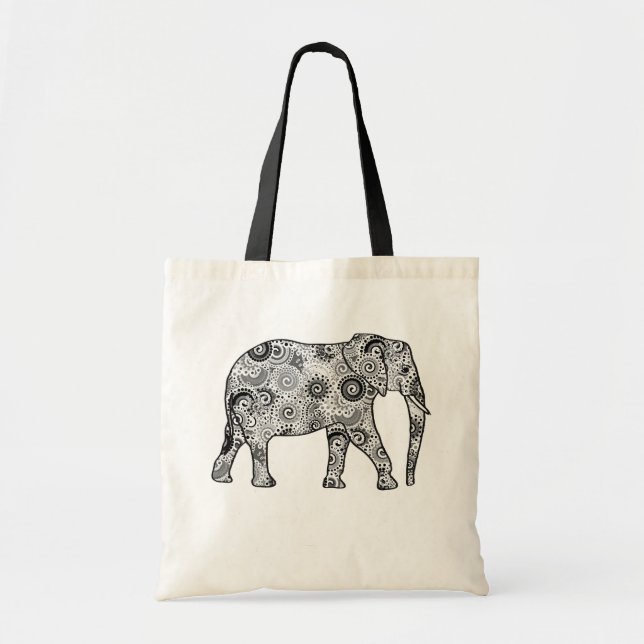 Bolsa Tote Elefante de espiral fractal, cinzas, preto e branc (Frente)