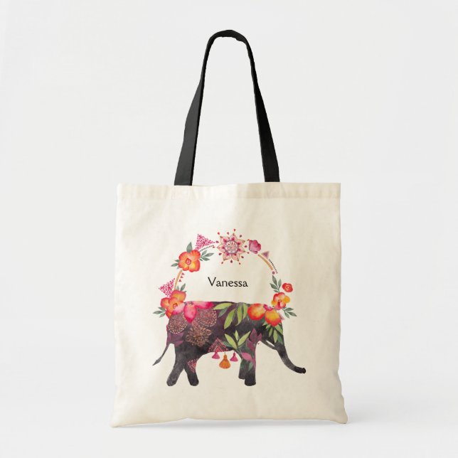 Bolsa Tote Elefante de Flor com Mandala Wreath (Frente)