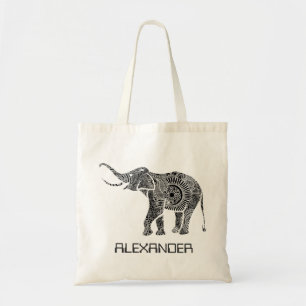 Bolsa Tote Elefante de giro preto e branco - Texto personaliz