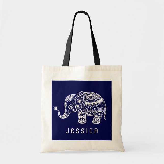 Bolsa Tote Elefante Floral Branco e Azul-Marinho (Frente)