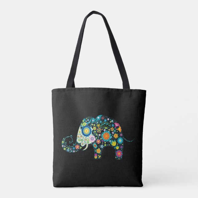 Bolsa Tote Elefante floral colorido a preto (Verso)