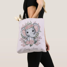 Elefante Fofo Nome da Criança Floral Rosa Folhagem
