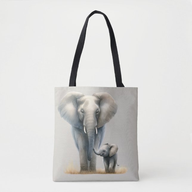 Bolsa Tote Elefante Majestoso Africano e Bebê em Aquarela (Frente)