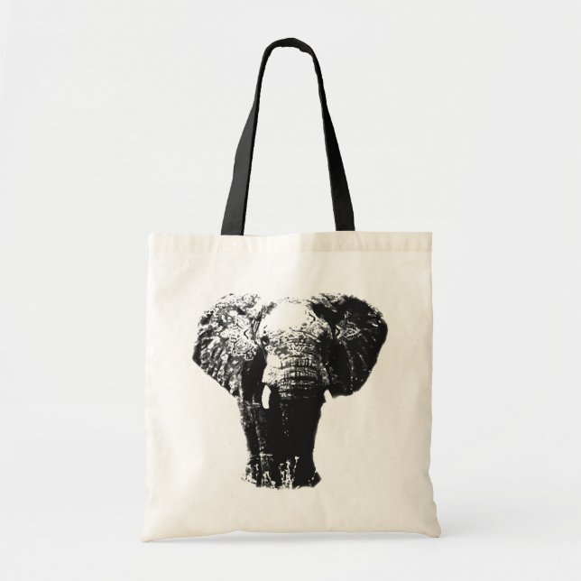 Bolsa Tote Elefante Pop de arte preto e branco (Frente)
